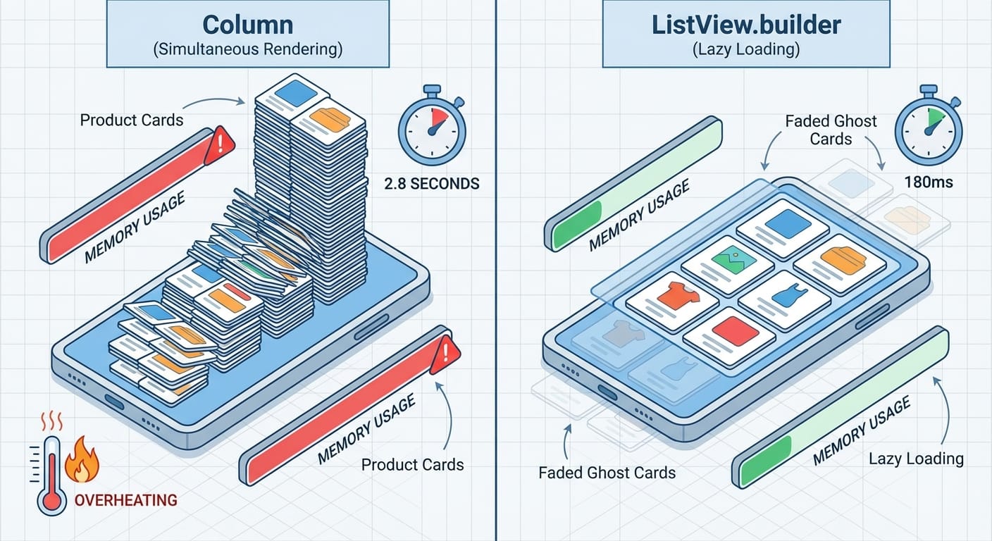 Comparison of Column rendering all items versus ListView.builder rendering only visible items