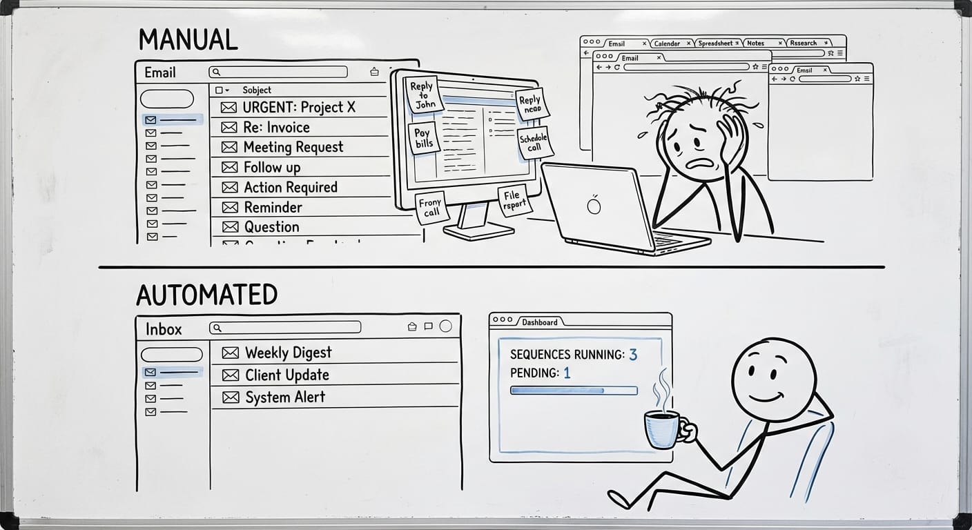 Before and after comparison of manual email follow-ups versus automated sequences