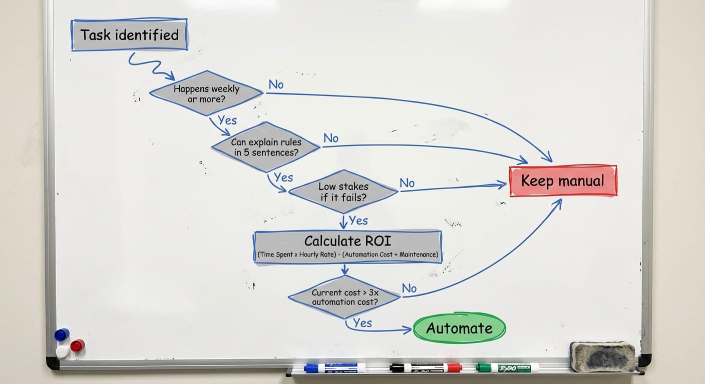 Flowchart showing decision process for whether a task is worth automating based on frequency, complexity, stakes, and ROI calculation