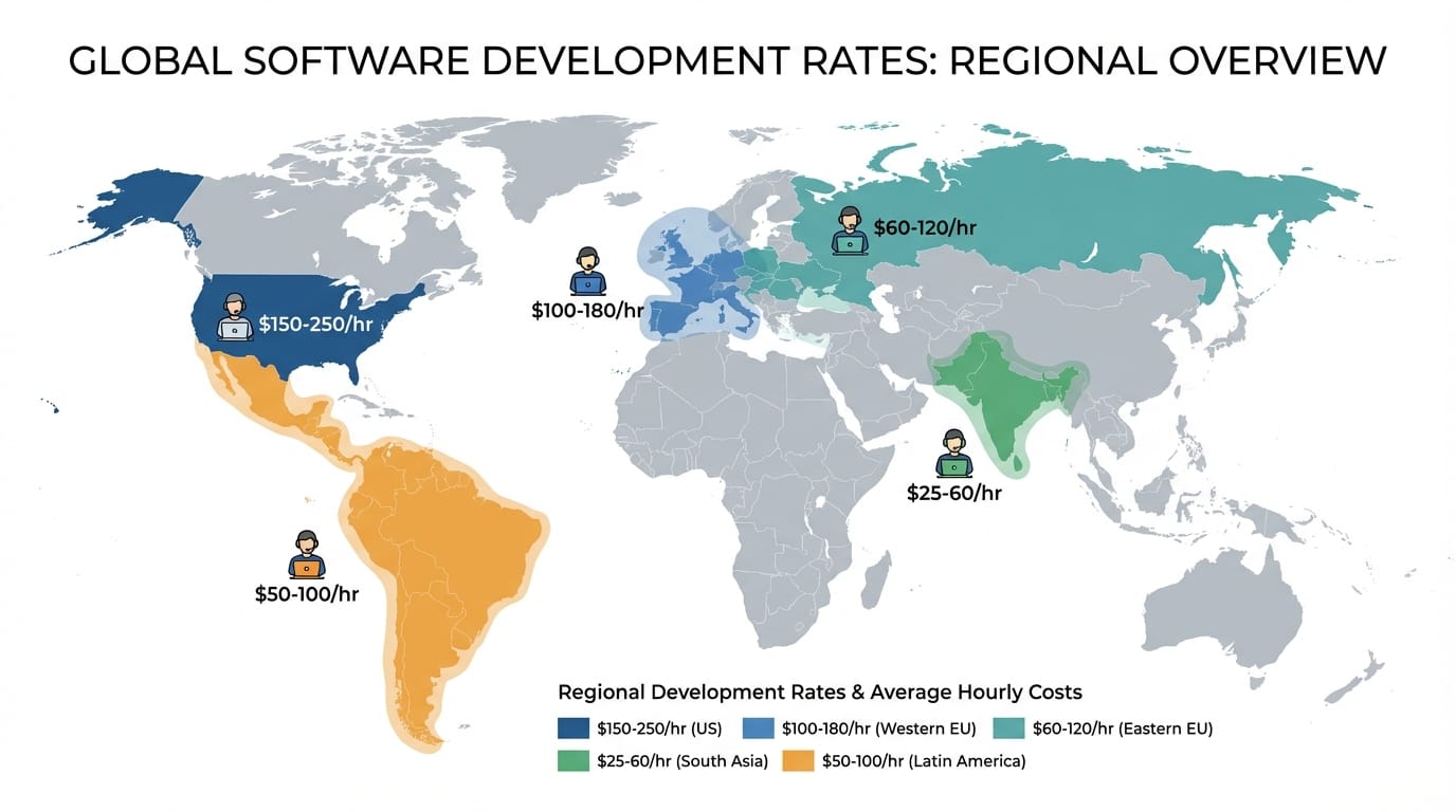 World map showing mobile app development hourly rates by region from $25 to $250 per hour