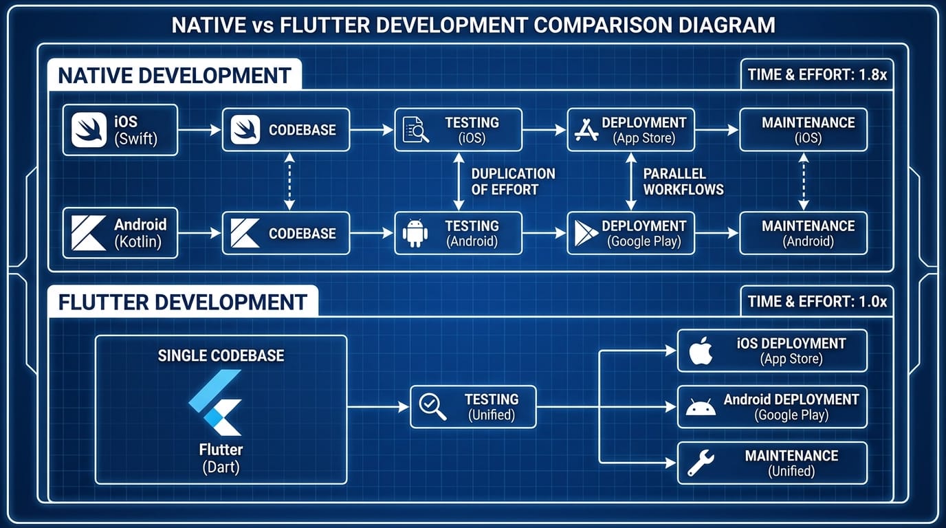 Diagram comparing native dual-codebase development versus Flutter single-codebase approach with timeline multipliers