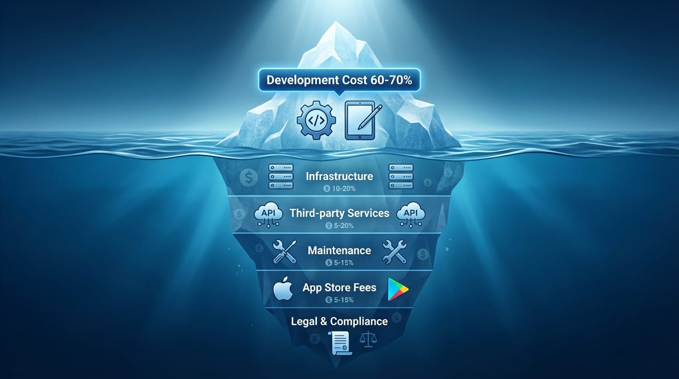 Iceberg diagram showing development as visible cost above water and hidden costs like infrastructure and maintenance below