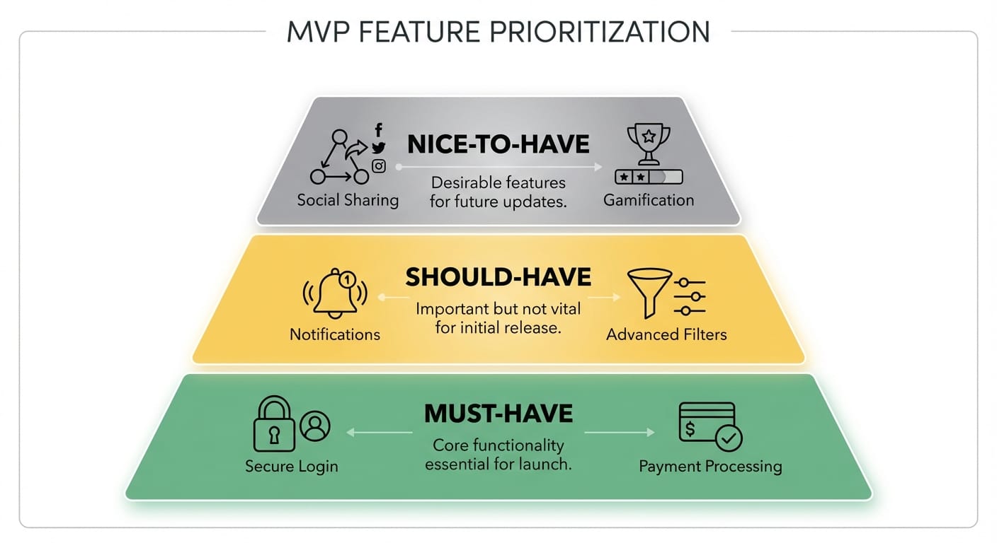 Three-tier pyramid showing Must-Have, Should-Have, and Nice-to-Have MVP feature categories