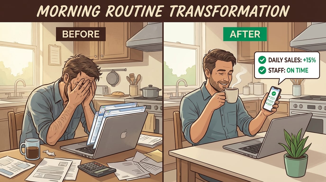 Illustration comparing frustrated manual morning reporting versus relaxed automated reporting routine