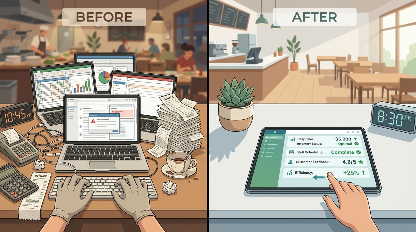 Before and after illustration comparing chaotic manual data reconciliation with streamlined dashboard workflow