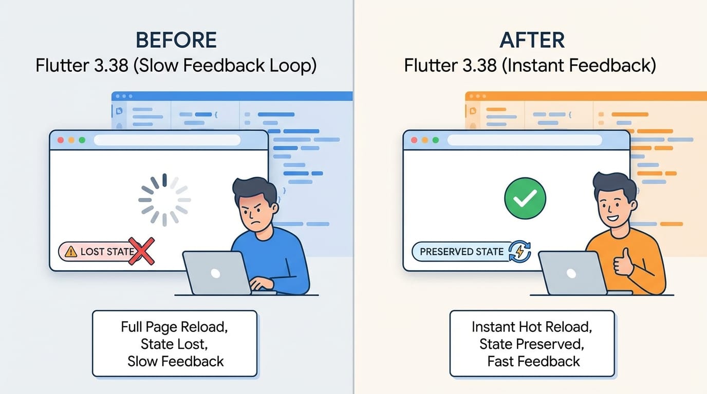 Comparison of Flutter web development before and after hot reload improvements in 3.38