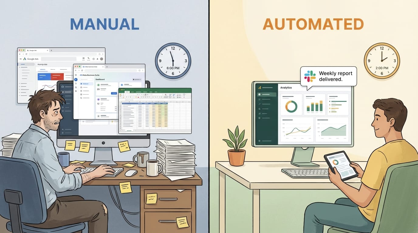 Before and after comparison of manual versus automated marketing workflow