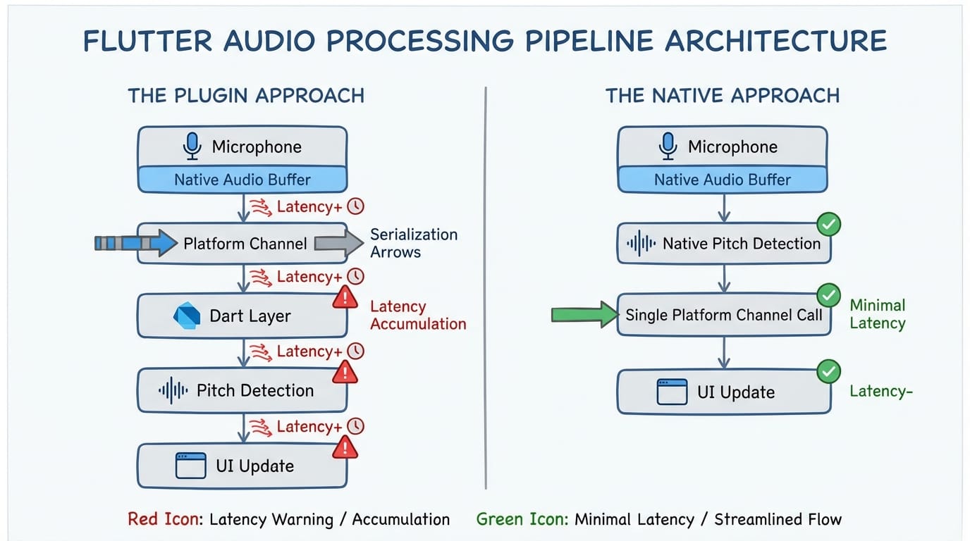 Comparison diagram of Flutter plugin vs native audio architecture showing latency points