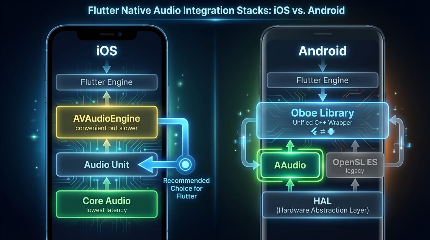 iOS and Android native audio API stacks showing Core Audio, Audio Unit, AAudio, and Oboe layers