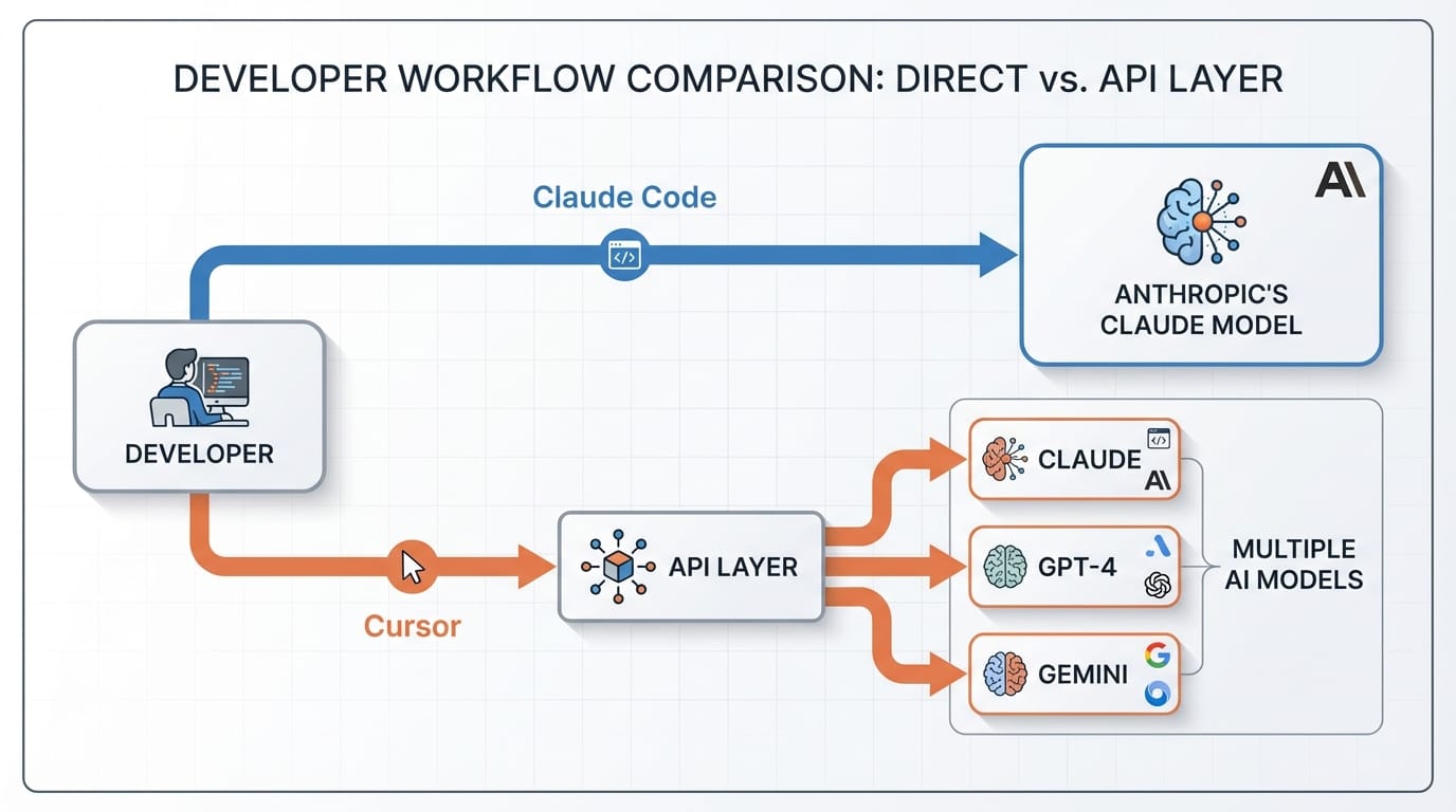Architecture diagram comparing Claude Code direct integration vs Cursor API approach