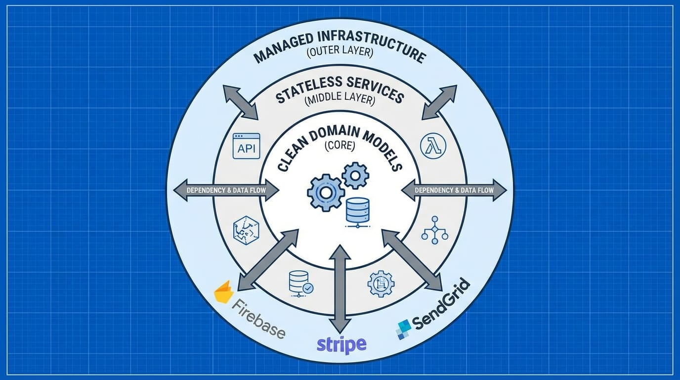 Three-layer architecture diagram showing domain models, stateless services, and managed infrastructure