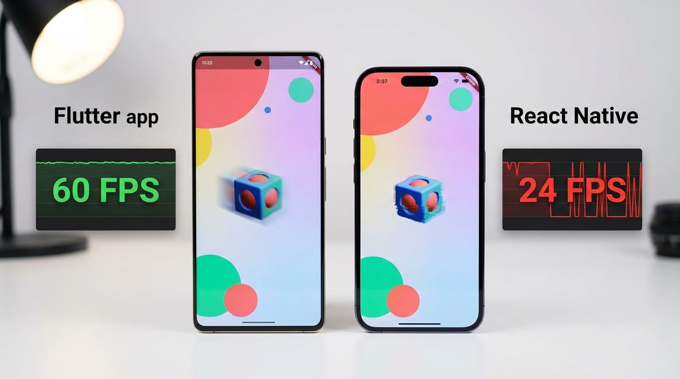 Performance comparison between Flutter and React Native showing frame rate differences on mobile devices