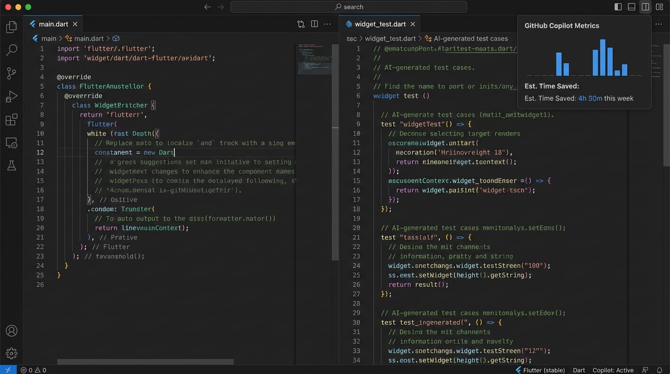 Code editor showing AI-powered development tools generating Flutter code and test cases