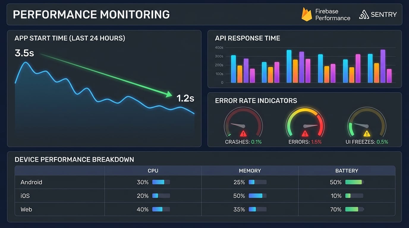 Performance monitoring dashboard showing app metrics, response times, and error tracking