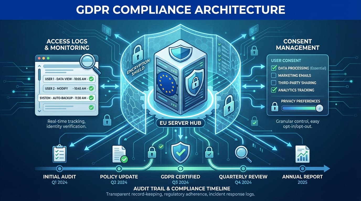 GDPR compliance architecture diagram showing data handling, encryption, consent management, and audit trails