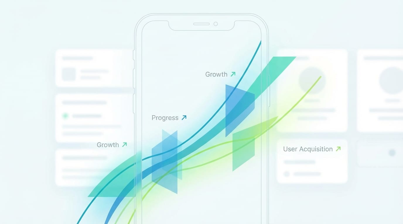Abstract visualization of upward trending app metrics and user engagement data