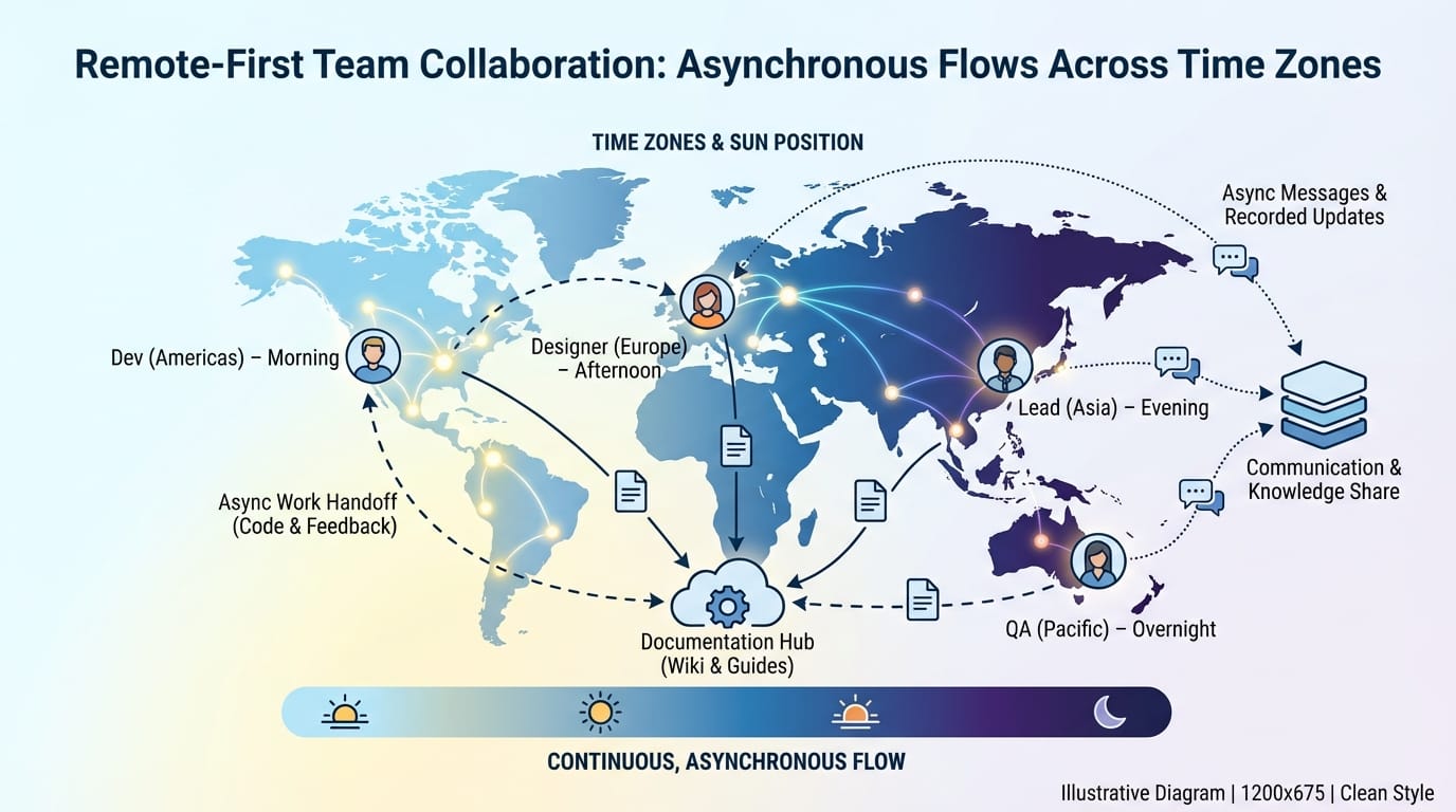 Remote-first development team workflow showing async communication and time zone coverage